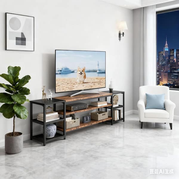 BYBLIGHT Ezlynn Brown and Black 78 in. TV Stand TV Console Table