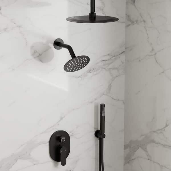 GRANDJOY Classic Rain Shower Systems 3-Spray Round 10 in. and 6 in. Dual Ceiling Mount with Handheld Shower 2.5 GPM Matte Black