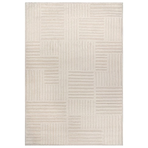 Basket Weave Power Loomed Soft Shag High-Low Indoor 5 ft. x 7 ft. White Area Rug