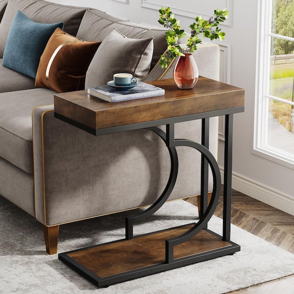 BYBLIGHT Kerlin 23.6 in. Brown and Black C Shaped Wood Narrow End Table, 2-Tier Side Table with Metal Frame for Living Room, 1PC