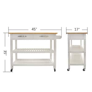 White Open Shelf Kitchen Cart with Butcher Block Top and 2 Drawers