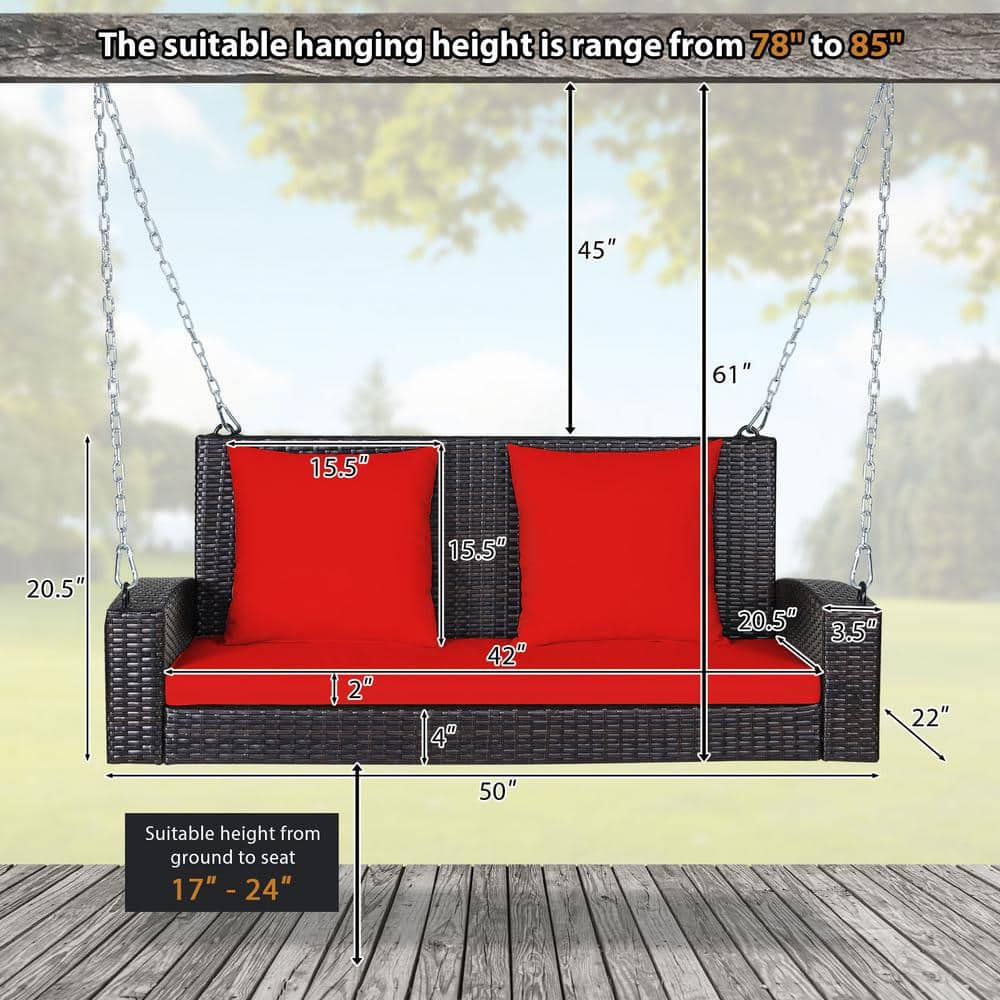 Red 2-Person Rattan Porch Swing with Cushions
