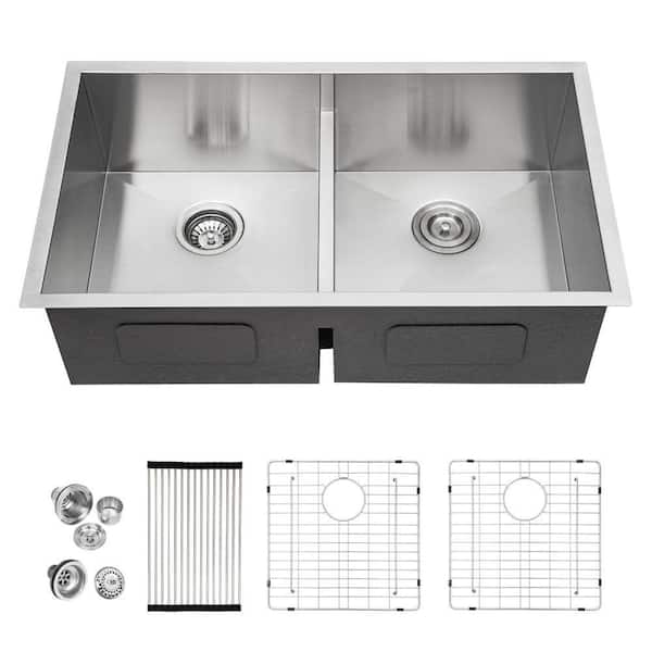 36 in. Undermount 50/50 Double Bowl 16 Gauge Stainless Steel Low Divide Kitchen Sink with  Accessories
