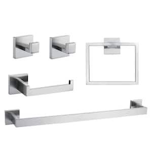 Bathroom Hardware 5-Piece Bath Hardware Set with Towel Bar, Towel Ring, Robe Hook, Toilet Paper Holder in Brushed Nickel