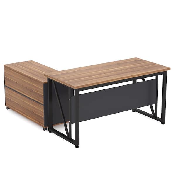 BYBLIGHT Lanita 55.1 in. L Shaped Desk Brown and Black Engineered Wood 2-Drawer Computer Desk with File Cabinet