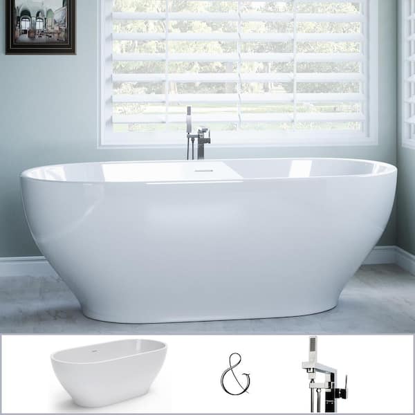 PELHAM & WHITE W-I-D-E Series Palisades 67 in. Acrylic Oval Freestanding Bathtub in White, Floor-Mount Square-Post Faucet in Chrome