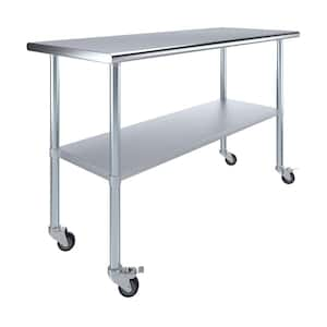 24 in. x 60 in. Stainless Steel Work Table with Casters : Mobile Metal Kitchen Utility Table with Bottom Shelf