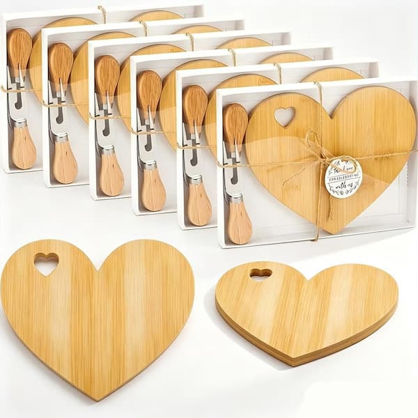6‑Pack Heart Shaped Mini Wood Charcuterie Serving Board Set, Bridal Shower Guest Favor Gift Box with Cheese Knives