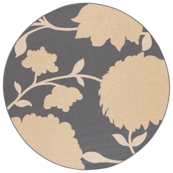 SAFAVIEH Courtyard Anthracite/Beige 4 ft. x 4 ft. Floral Scroll Indoor/Outdoor Round Area Rug