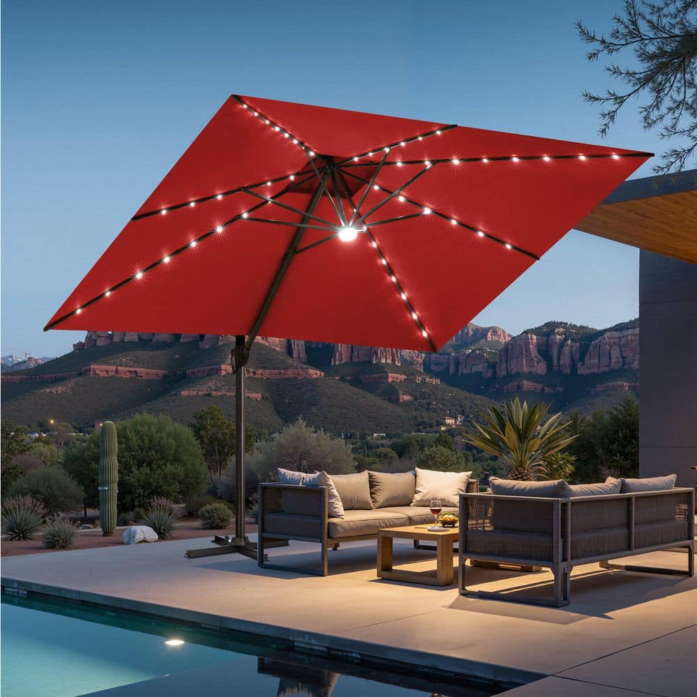 backyard creations 11 offset patio umbrella 11 ft. x 11 ft. Square Patio Cantilever Umbrella with Solar Lights Aluminum Double Top Outdoor Offset Umbrella in Red