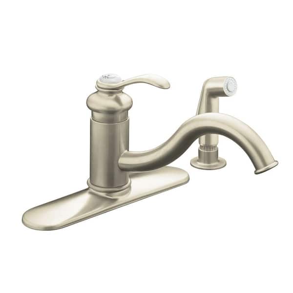 KOHLER Fairfax Low-Arc Single-Handle Standard Kitchen Faucet with Side Sprayer and Escutcheon in Vibrant Brushed Nickel