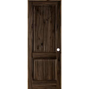 36 in. x 96 in. Knotty Alder 2 Panel Left-Hand Square Top V-Groove Black Stain Solid Wood Single Prehung Interior Door
