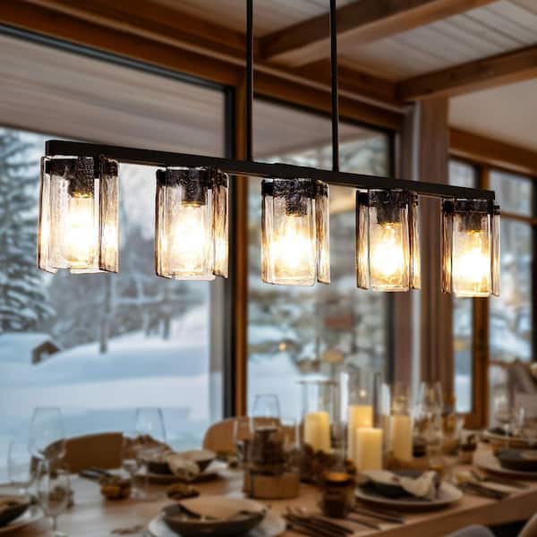 Modern 5-Light Linear Black Island Chandelier with Hammered Glass Shades for Dining Living Room, Kitchen