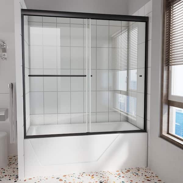 Unbranded 60 in. W x 58 in. H Double Sliding Framed Tub Door in Black Finish with Clear Glass