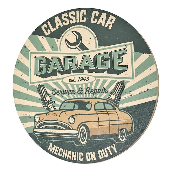 Classic Car Garage Round Unframed MDF Wall Plaque, Sign for Garage, Bar or Man Cave Wall Decor (20 in.x20 in.x.35 in.)