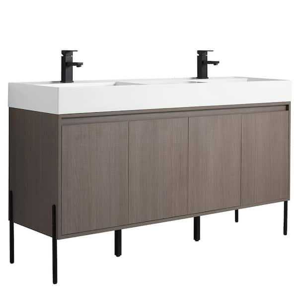 Crownpoint 60 in. Freestanding Double Gray Oak Bathroom Vanity with White Acrylic Sink Top Unassembled