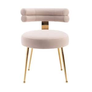 Modern Beige Round Velvet Upholstered Dining Chairs with Golden Metal Legs for Dining Room Living Room (Set of 2)