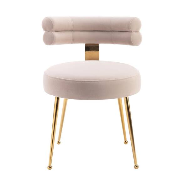URTR Modern Beige Round Velvet Upholstered Dining Chairs with Golden Metal Legs for Dining Room Living Room (Set of 2)