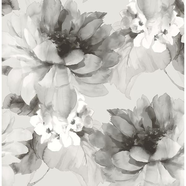 NextWall Ash and Metallic Silver Watercolor Floral Vinyl Peel and Stick Wallpaper Roll 30.75 sq. ft.