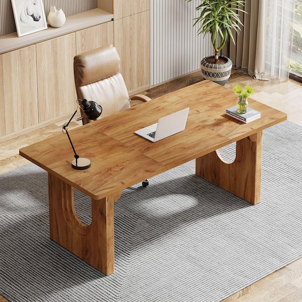 BYBLIGHT Lanita 70.9 in. Rectangular Brown Engineered Wood Executive Desk with Wood Pedestal Base, Computer Desk for Home Office