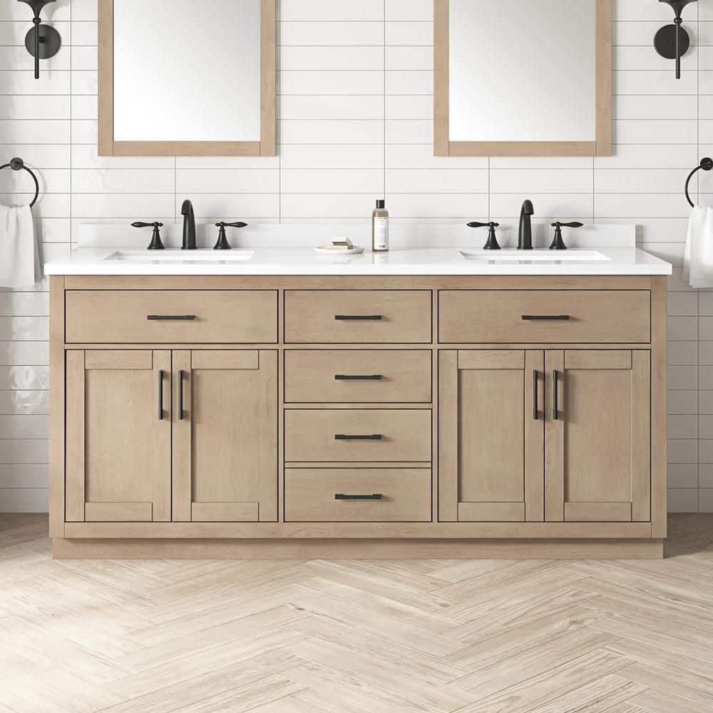 Bailey 72 in. Freestanding Sahara Birch Bath Vanity with White Quartz Top, Power Bar and Matte Black Hardware price history on PriceWatchPro