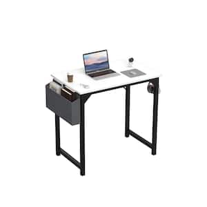 31 in. Rectangular White Wood Computer Desk with Sidea Storage Baskets and Headphone Hook