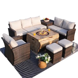 Strip 7-Pieces Rock and Fiberglass Fire Pit Table Brown Wicker Conversation Set with Beige Cushions and a Storage Box