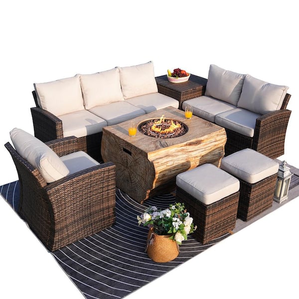 moda furnishings Strip 7-Pieces Rock and Fiberglass Fire Pit Table Brown Wicker Conversation Set with Beige Cushions and a Storage Box