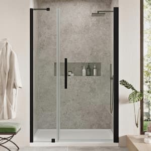 Pasadena 48 in. L x 32 in. W x 75 in. H Alcove Shower Kit with Pivot Frameless Shower Door in Black and Shower Pan