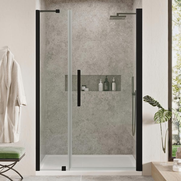 OVE Decors Pasadena 48 in. L x 32 in. W x 75 in. H Alcove Shower Kit with Pivot Frameless Shower Door in Black and Shower Pan