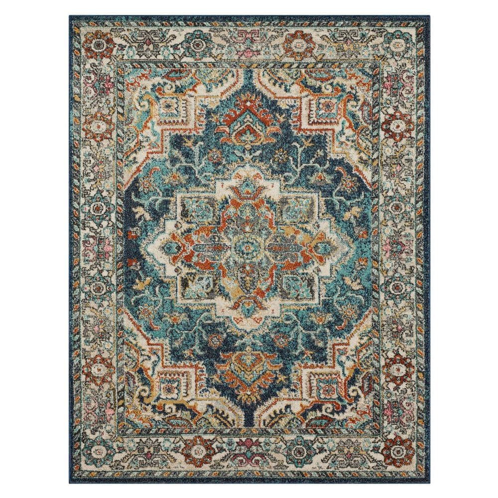Dellen Teal Blue Synthetic Medallion Rectangular Area Rug