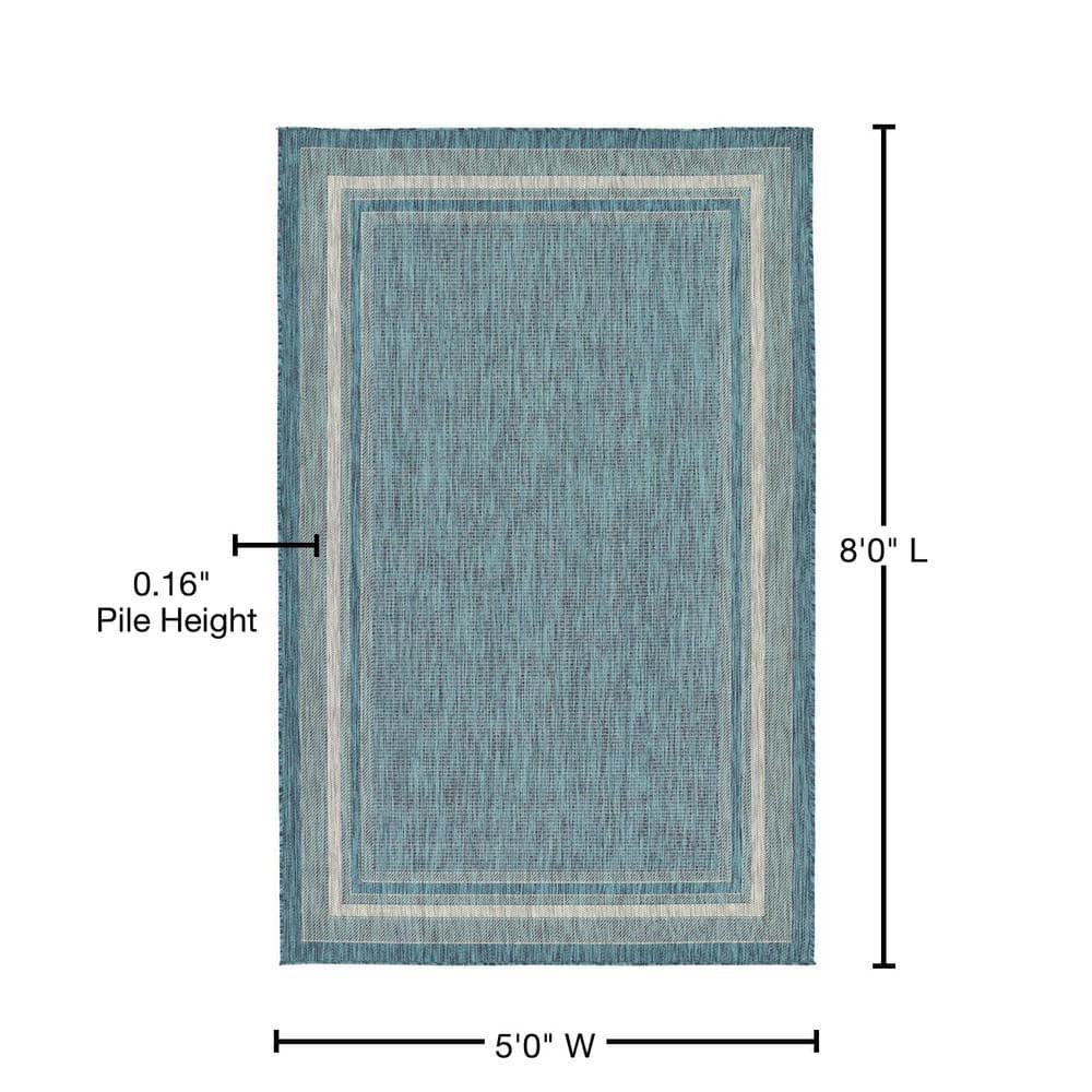 5' x 8' Teal Blue and Beige Flat Woven Outdoor Area Rug