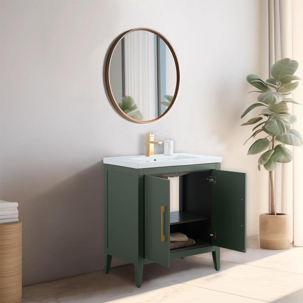 30" Vintage Green Single Sink Bathroom Vanity with Ceramic Top