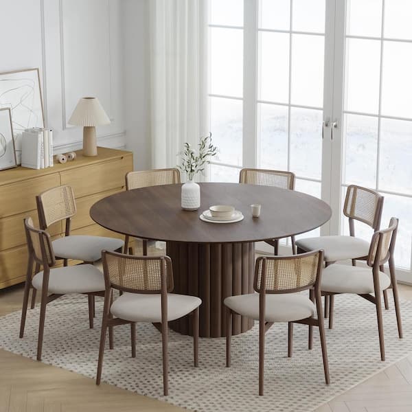 Dovelina 60 in. Natural Oak Wood Walnut Color Column Pedestal Round Kitchen Table Dining Table Seats 6