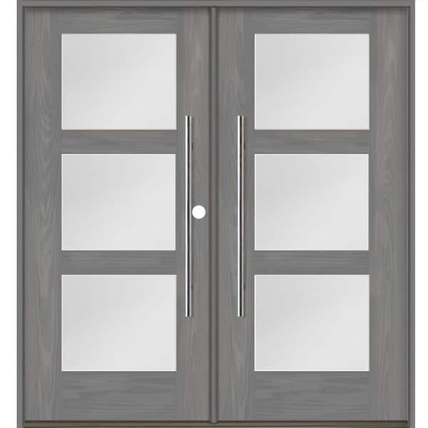 Krosswood Doors Faux Pivot 72 in. x 80 in. Left-Active/Inswing 3-Lite Satin Glass Malibu Grey Stain Double Fiberglass Prehung Front Door