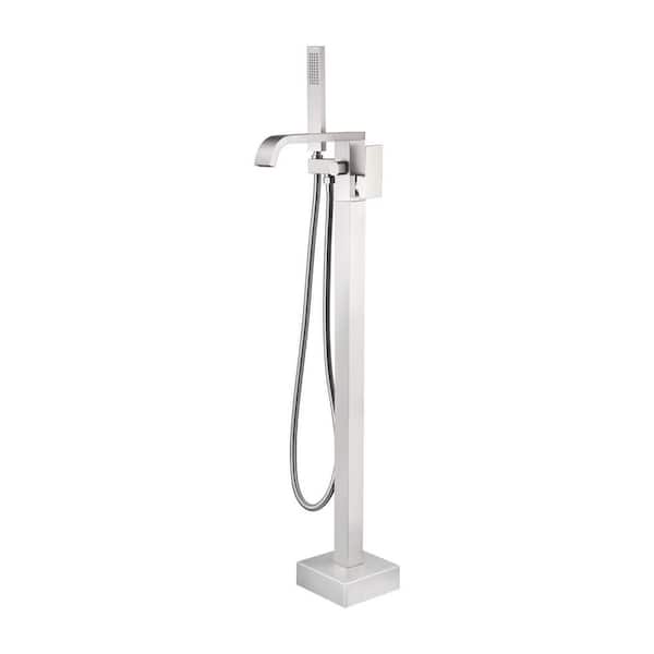 Single Handle Floor Mount Bathtub Faucet Freestanding Tub Filler Standing Shower Faucets with Handheld Shower in Nickel
