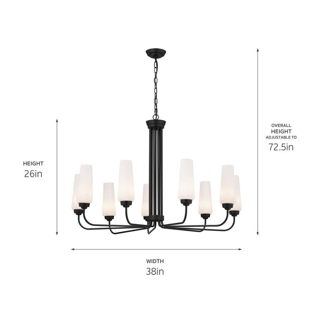 Truby Art Deco Black Opal Glass 9-Light Large Chandelier