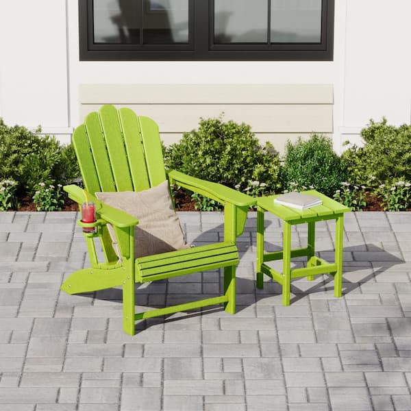 Aderson 2-Piece Fade Resistant Outdoor Patio HDPE Plastic Adirondack Chair w/ Cupholder and Side Table in Lime
