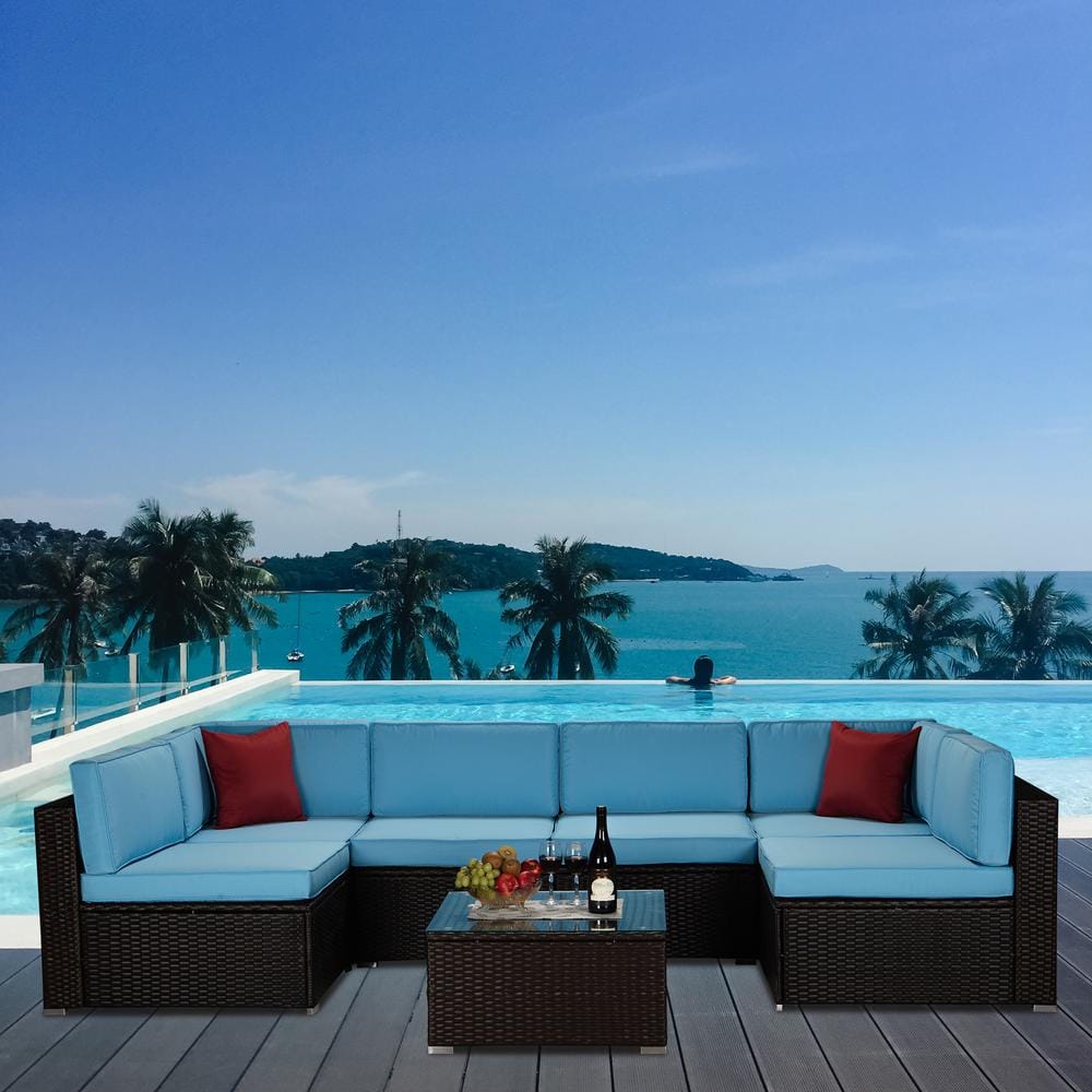 Brown 7-Piece PE Rattan Wicker Patio Conversation Sectional Seating Set Blu