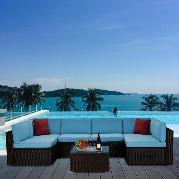 GOSHADOW Brown 7-Piece PE Rattan Wicker Patio Conversation Sectional Seating Set Blue Cushions with 2 Red Pillows
