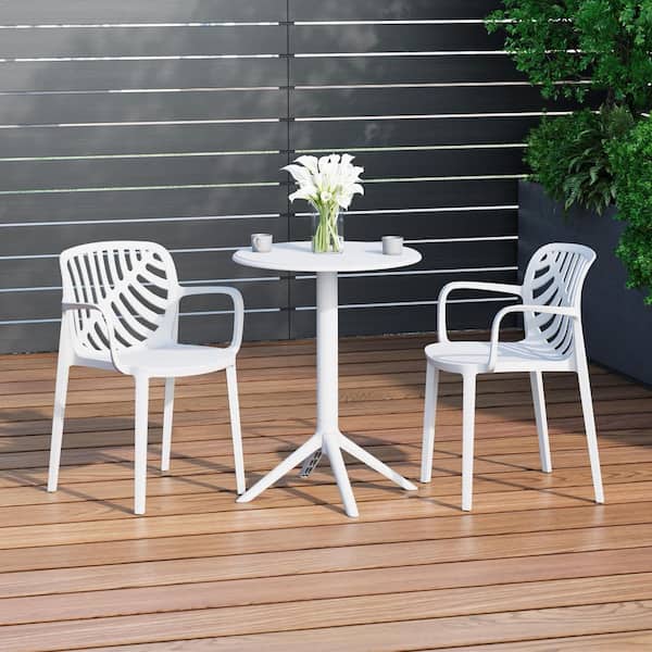 Frond and Form Outdoor Patio Modern HDPE Plastic 3-Piece Indoor/Outdoor Bistro Set w/ Stackable Chairs, White
