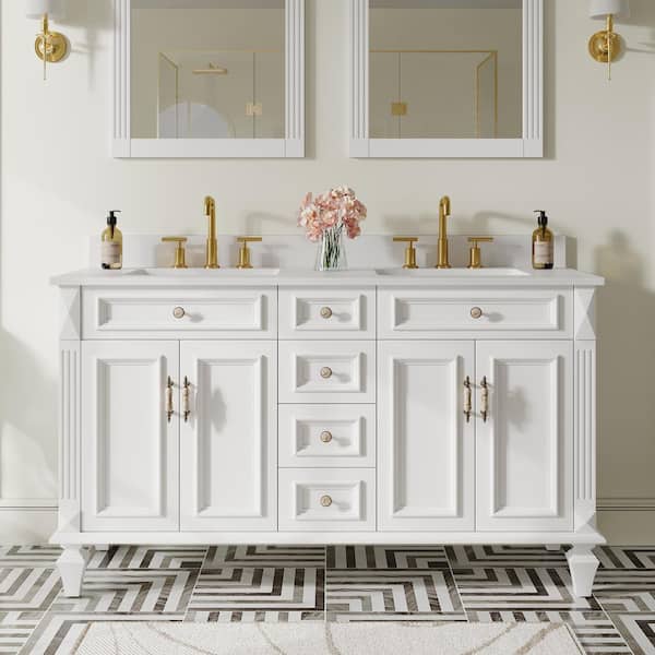 60 in. Solid Wood Bathroom Vanity With Double Sinks and 4 Drawers, Soft-Close Doors, Carrara White Quartz Top, White