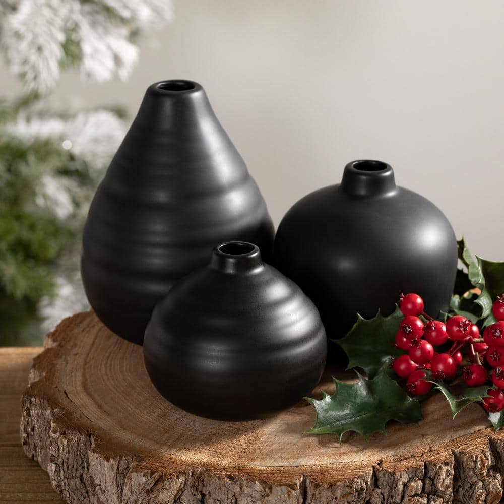 Matte Black Ceramic Bud Vase Trio, 9" x 6.5" Modern Home Decor