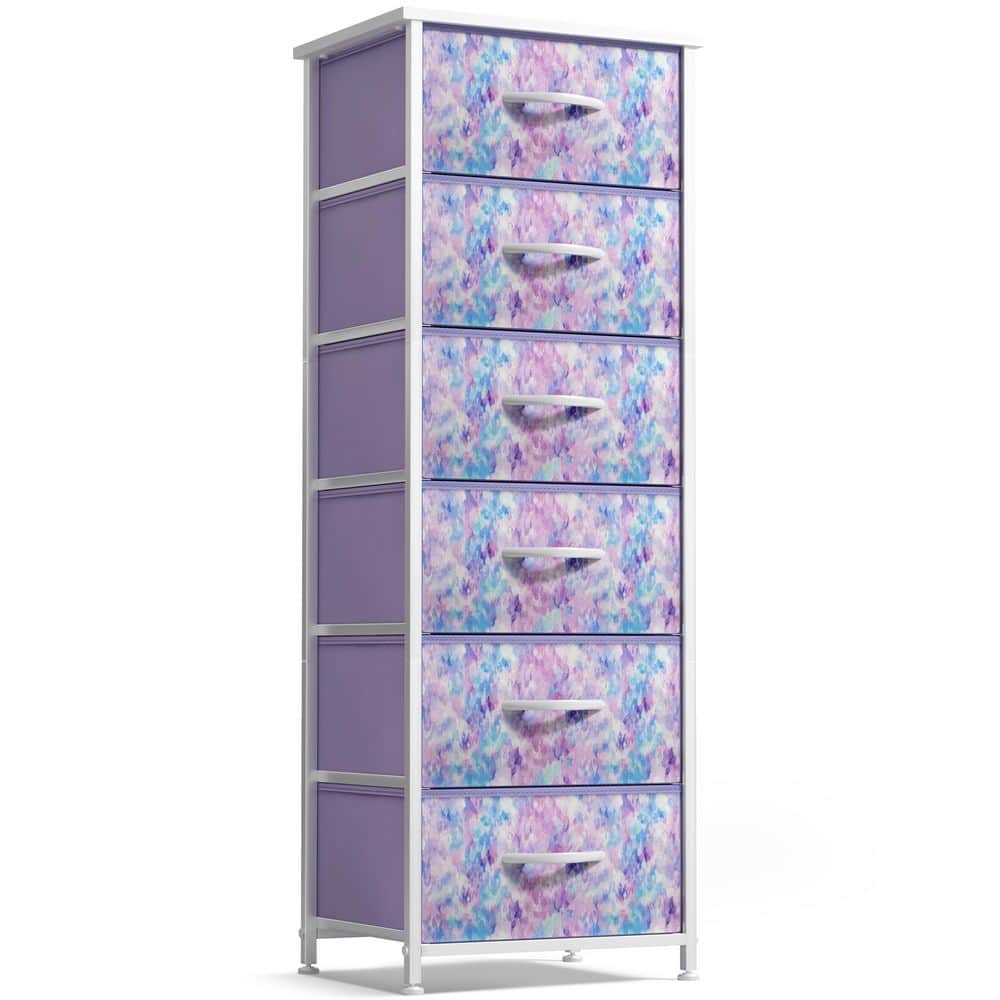Tie-Dye Purple 6 Drawer 15.75 in Wide Chest of Drawers, Tall Dresser with Steel Frame, Wood Top & Foldable Fabric Bins