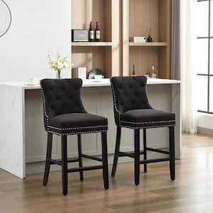 27.56 in. Black Fabric Upholstered Seat Solid Wood Leg Bar Tool, Breakfast Chairs with Back (Set of 2)