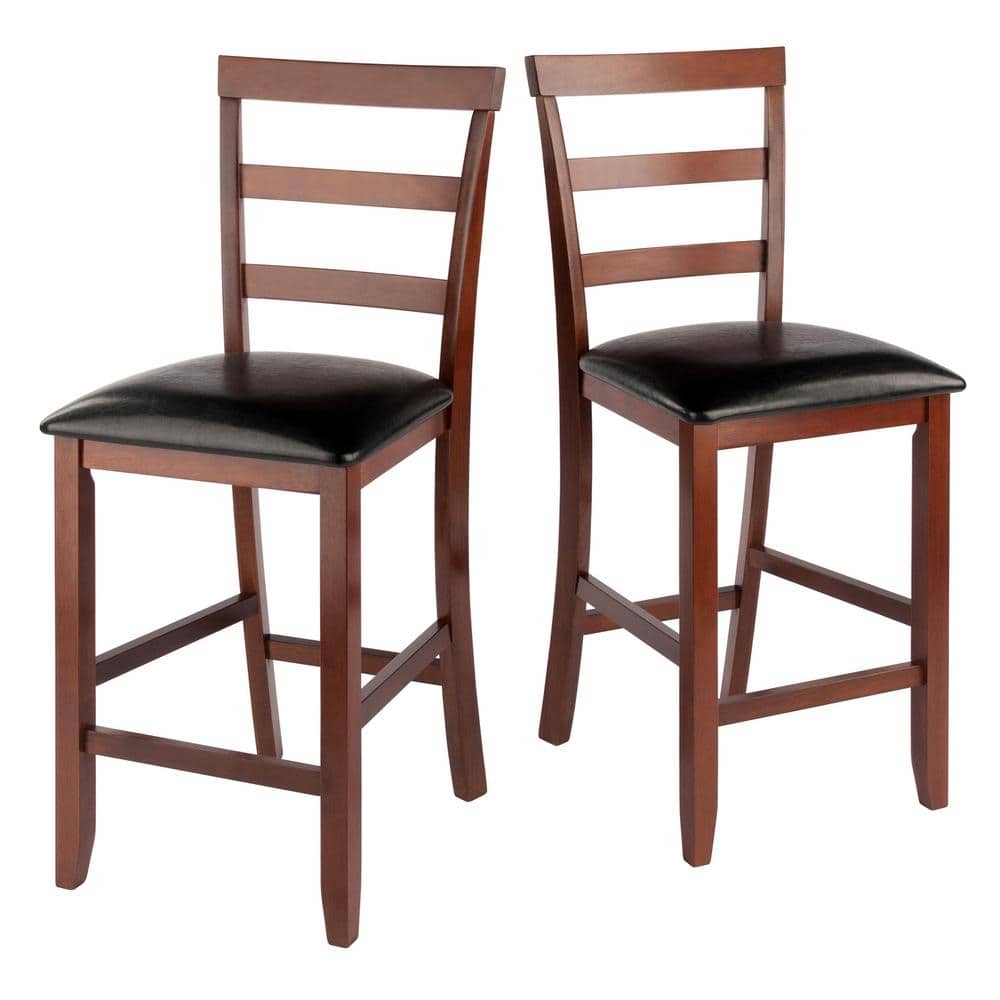 Walnut Wood & Black Leather Transitional Counter Stools, Set of 2