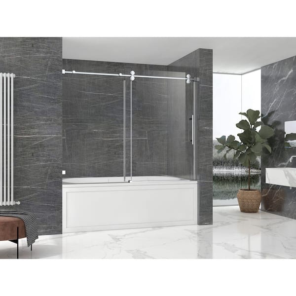 MCOCOD 60 in. W x 66 in. H Single Sliding Frameless Tub Door in Brushed