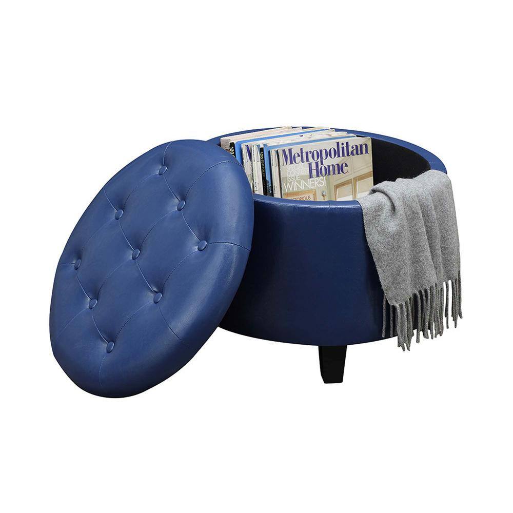 Blue Tufted Faux Leather Round Storage Ottoman