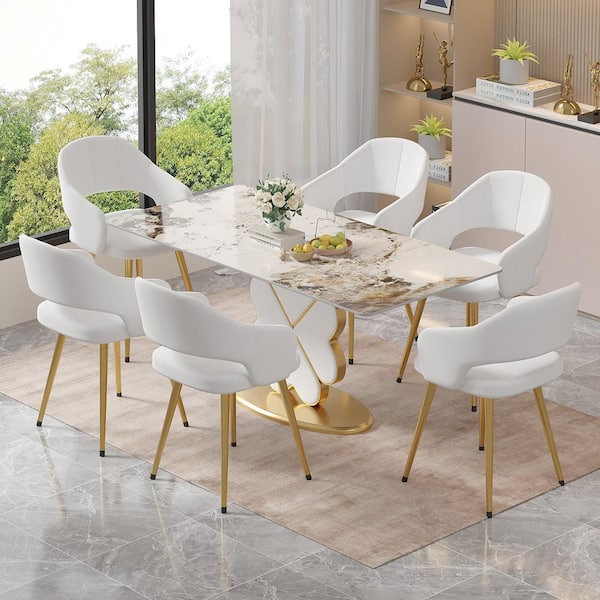 Elegant White Velvet Dining Chairs with Gold Metal Legs-Modern Upholstered Dining Room Chairs, Set of 6