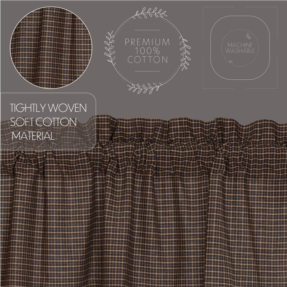 Black and Khaki Plaid Cotton Light-Filtering Kitchen Window Panels